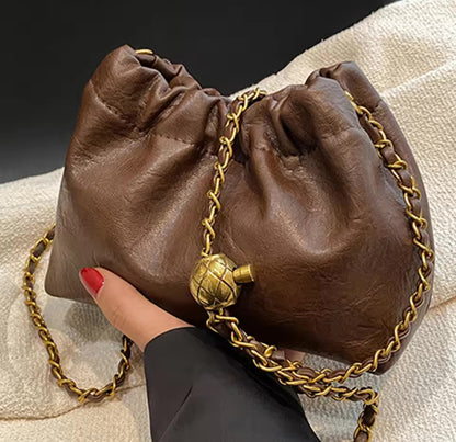 Womens Leather Chain Boho Pleated Trendy Drawstring Small Bag Tote Shoulder Handbag Crossbody Bags