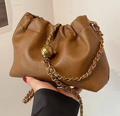 Womens Leather Chain Boho Pleated Trendy Drawstring Small Bag Tote Shoulder Handbag Crossbody Bags