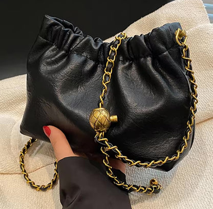 Womens Leather Chain Boho Pleated Trendy Drawstring Small Bag Tote Shoulder Handbag Crossbody Bags