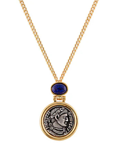 Vintage Lapis Lazuli Greek Coin Pendant and Gold Necklace