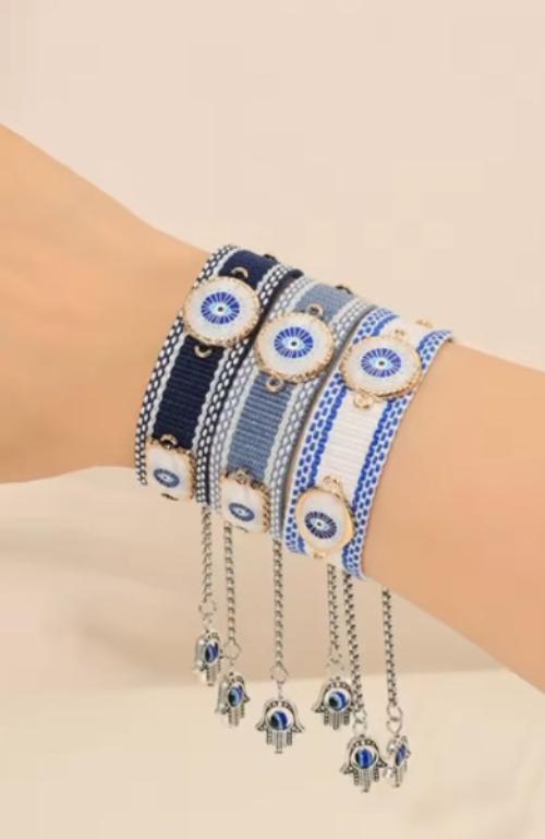 Cotton Handwoven Evil Eye bracelet with adjustable Stainless Steel Hamsa chain