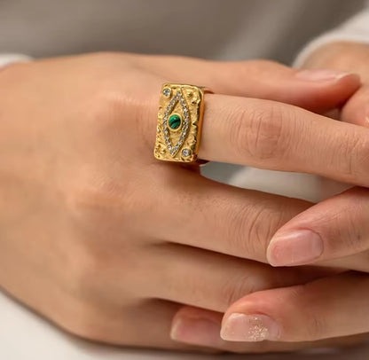 18K Gold-Plated Rectangular Design Evil Eye Cocktail Ring