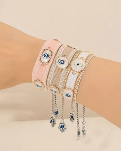 Cotton Handwoven Evil Eye bracelet with adjustable Stainless Steel Hamsa chain