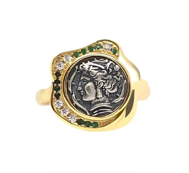 Lux Greek Coin Goddess Portrait Adjustable Ring