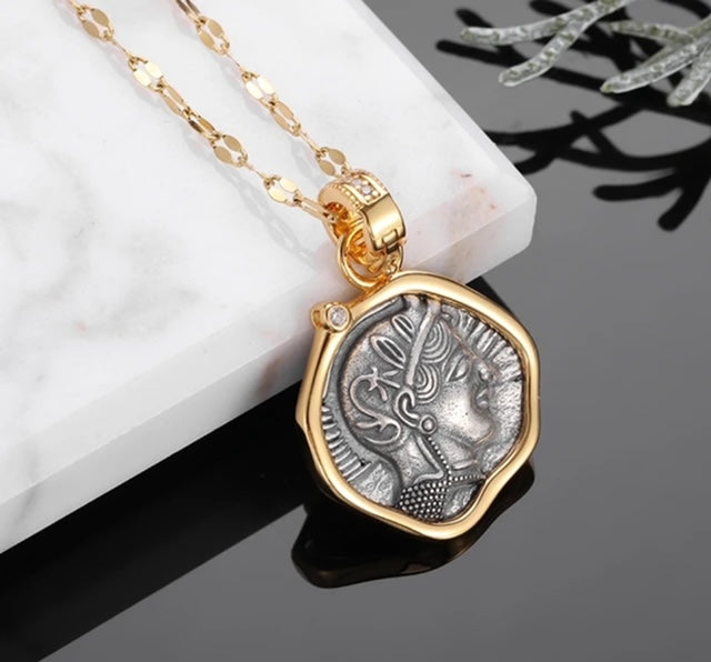 Lux Greek Coin Goddess Portrait Pendant Necklace