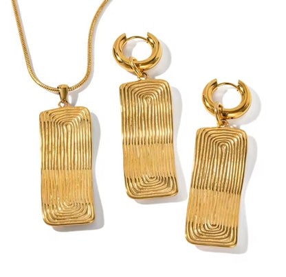 Geometric Chunky Rectangular Gold Pendant Necklace & Earrings