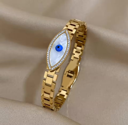 18K Gold-Plated Evil Eye Mother of Pearl & Enamel Cuff Bangle