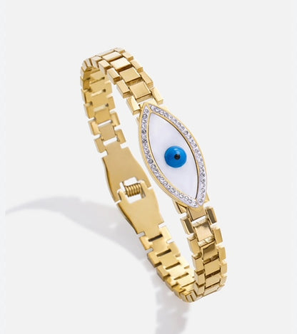 18K Gold-Plated Evil Eye Mother of Pearl & Enamel Cuff Bangle