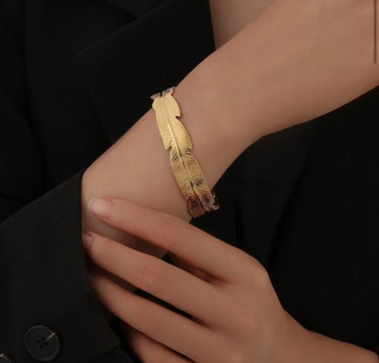 18K Gold-Plated Leaf Feather Open Cuff Bangle